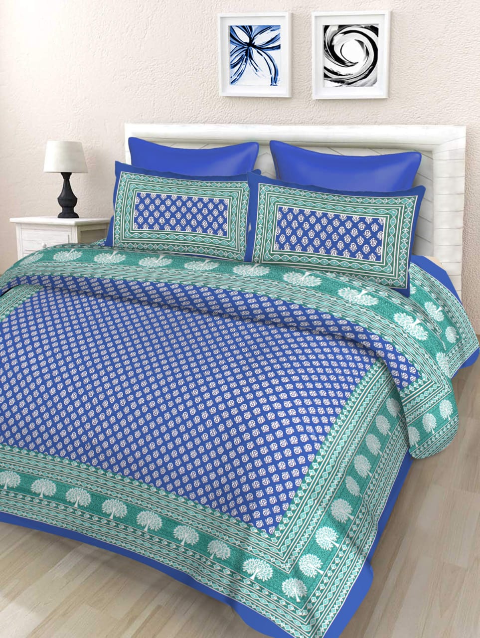 Jaipuri Double Bedsheet Set with Two Pillow Covers - 90x100 Size