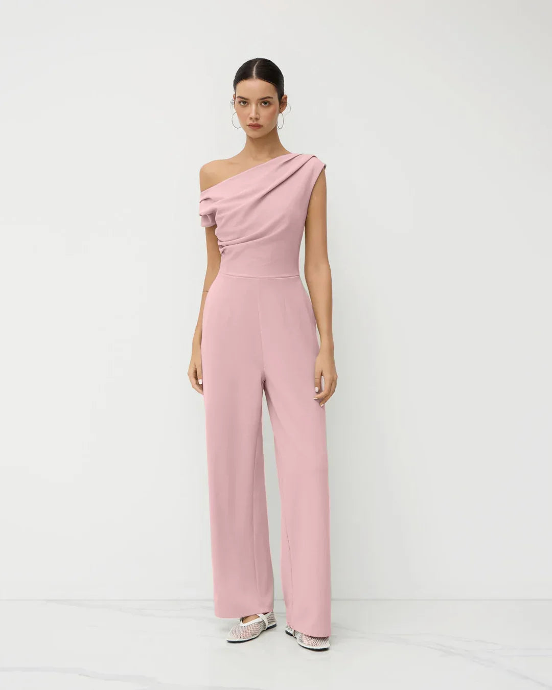 One-Shoulder Draped Wide-Leg Jumpsuit in Dusty Pink