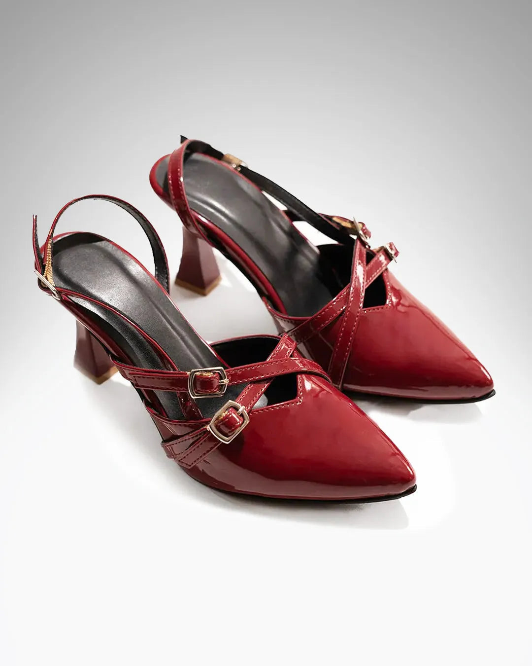 Pointed Closed Toe Slingback Heels Pumps with Buckles In Burgundy