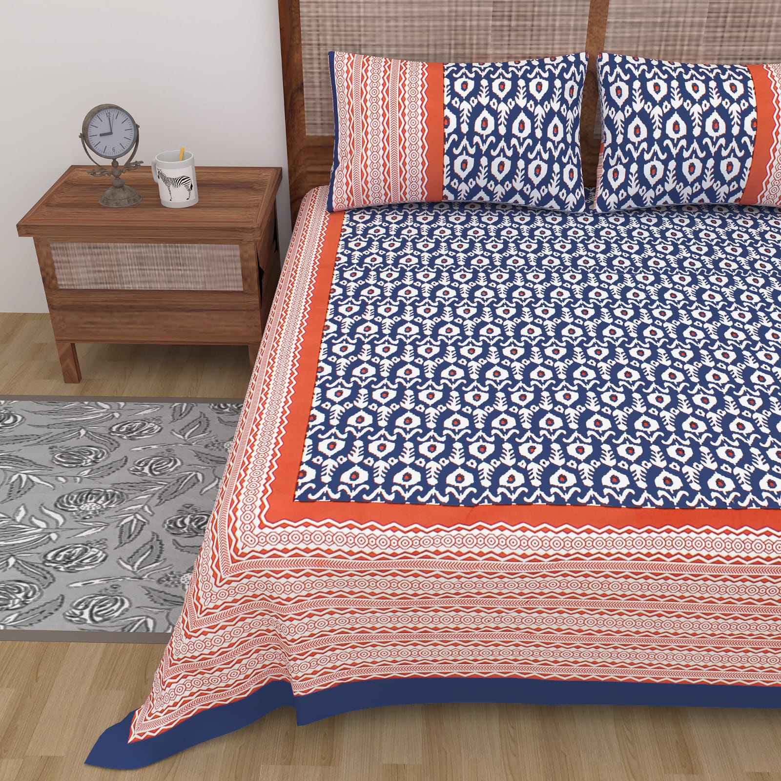 Jaipuri Double Bedsheet Set with Two Pillow Covers - 90x100 Size