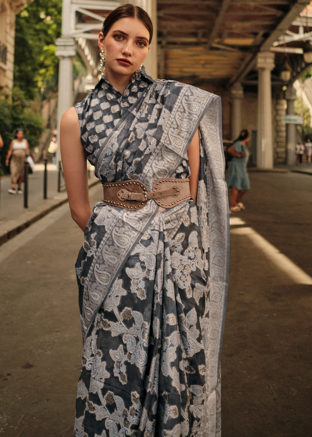 Anchor Grey Zari Handloom Woven Organza Silk Saree