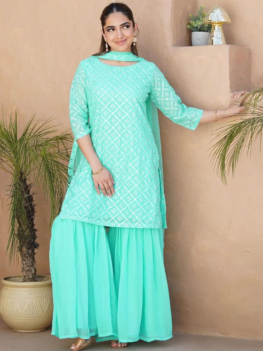 Anouk Sea Green Embroidered Georgette Straight Sharara Suit Set With Dupatta