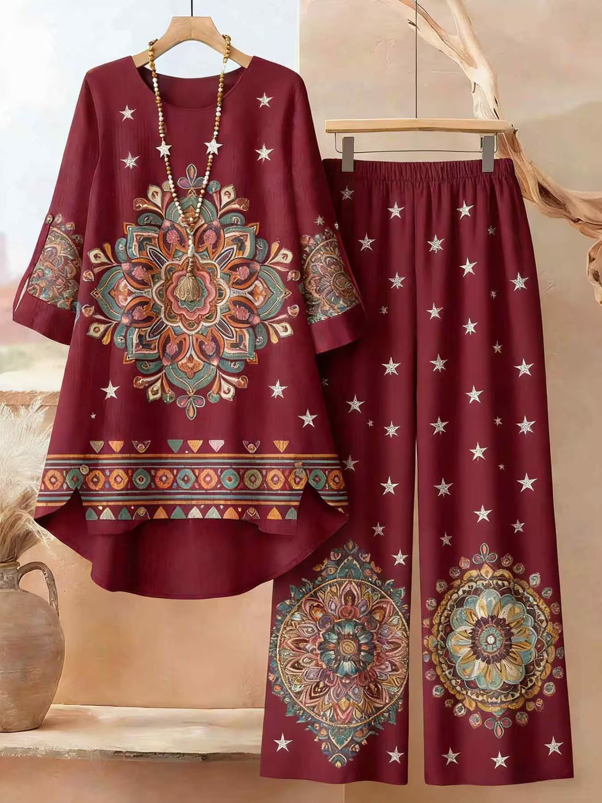 Plus Size Bohemian Printed Co-Ord Set – V-Neck Casual Tunic & Pants Outfit