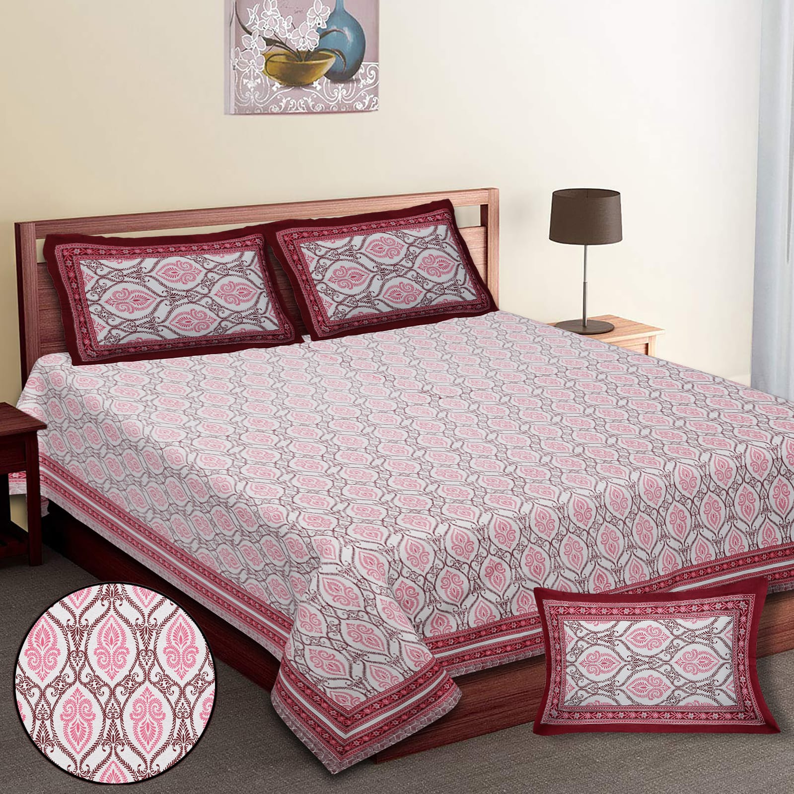 King-Size Cotton Bedsheet Set with Pillow Covers