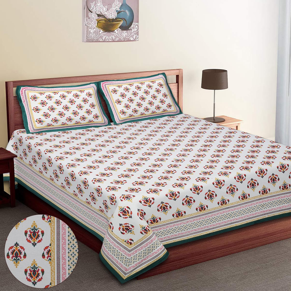 King-Size Bed Sheet Set with 2 Pillow Covers (Cotton Autoloom Fabric)