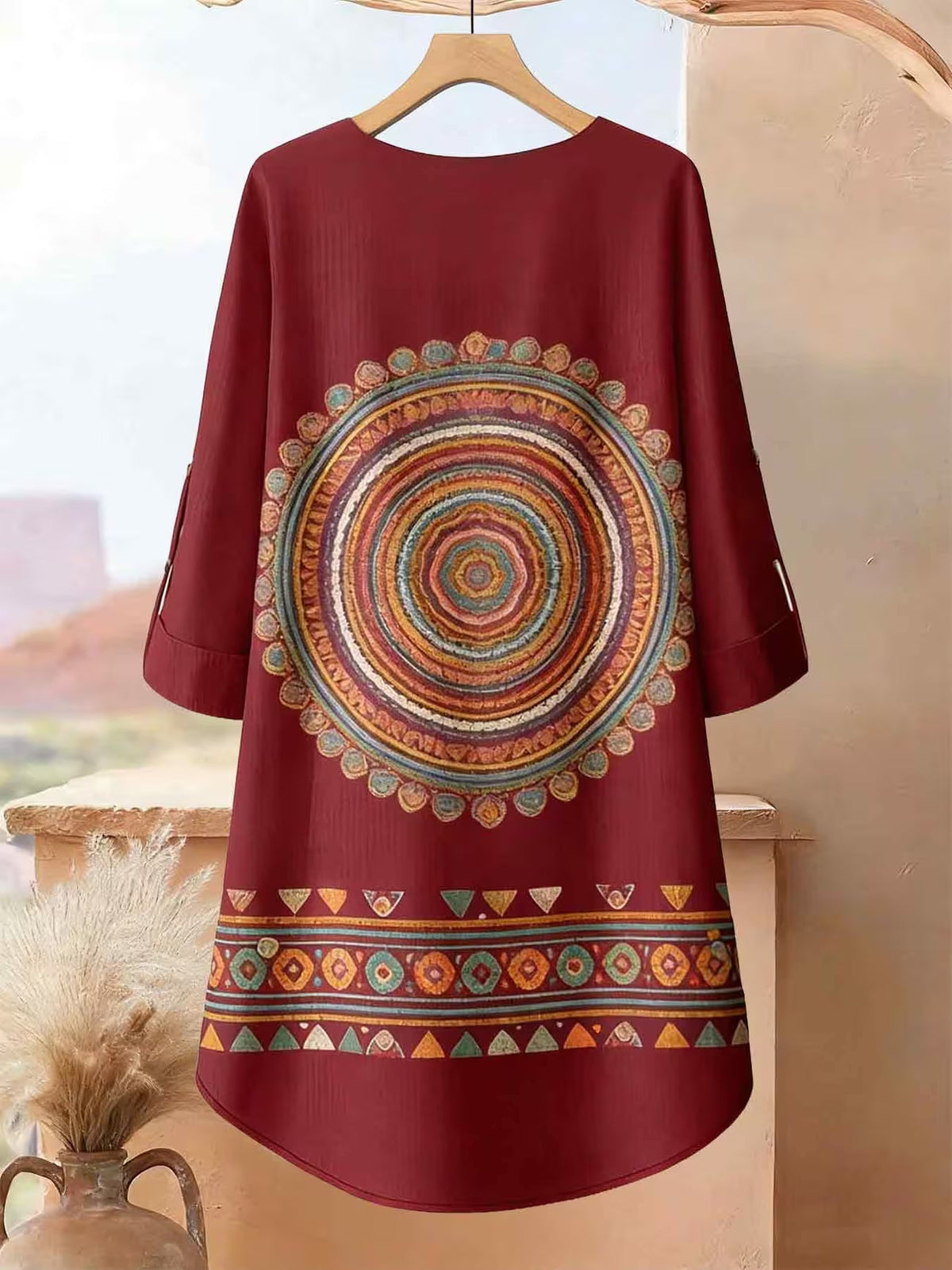 Plus Size Bohemian Printed Co-Ord Set – V-Neck Casual Tunic & Pants Outfit