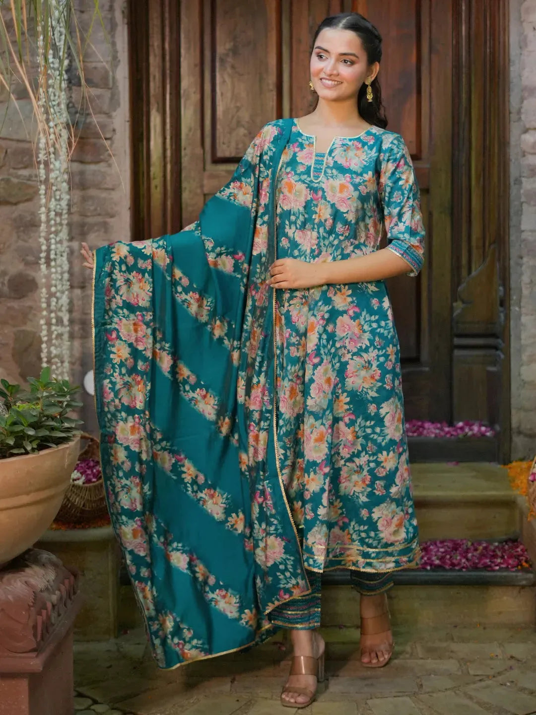 Anouk Blue Printed Silk Blend Anarkali Suit With Dupatta