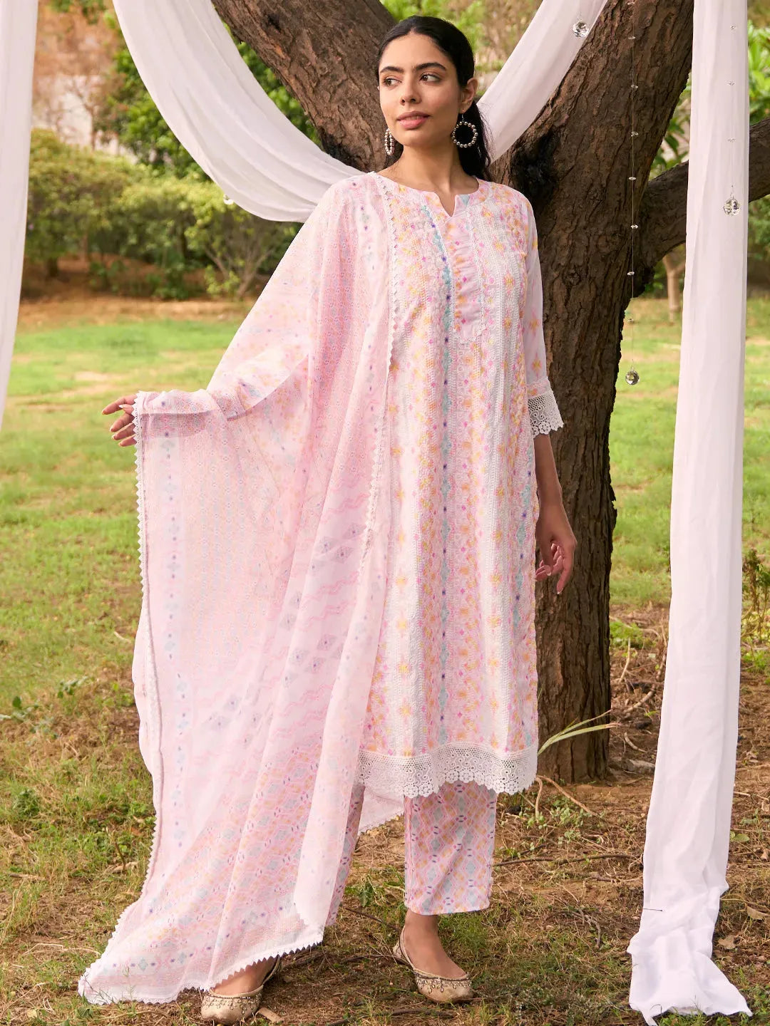 Anouk Peach Embroidered Cotton Blend Straight Suit With Dupatta