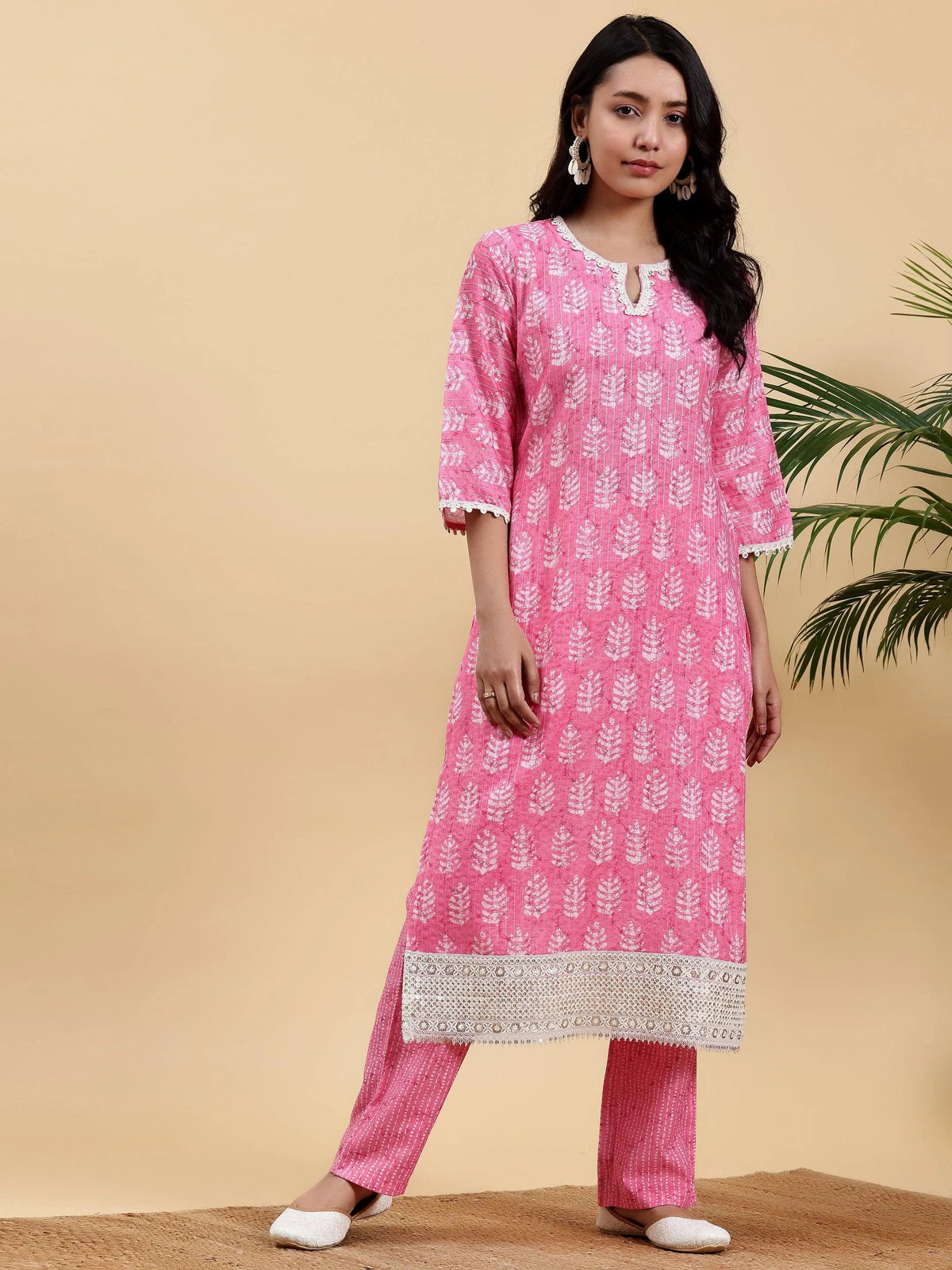 Anouk Pink Printed Cotton Straight Kurta Set