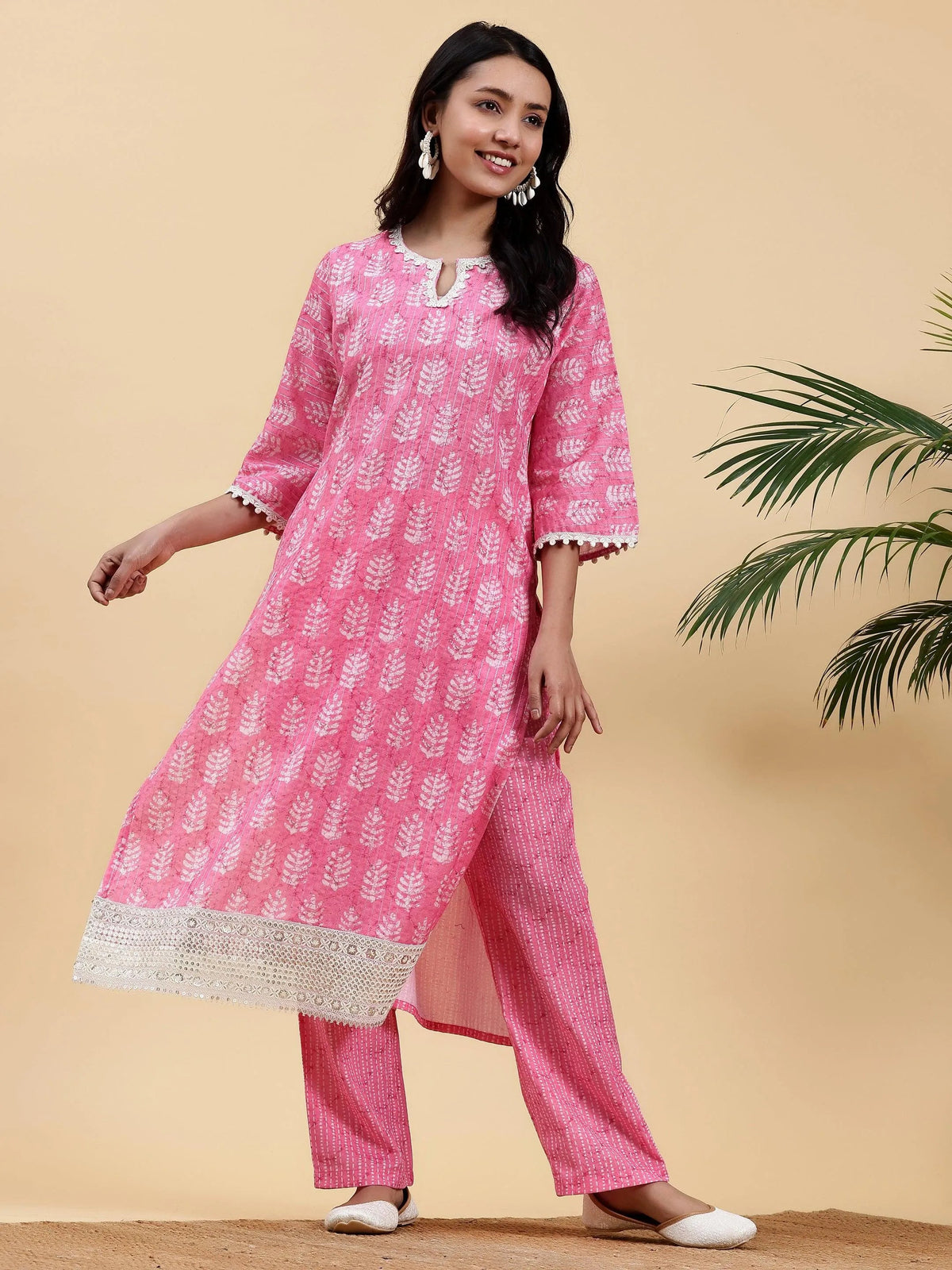 Anouk Pink Printed Cotton Straight Kurta Set