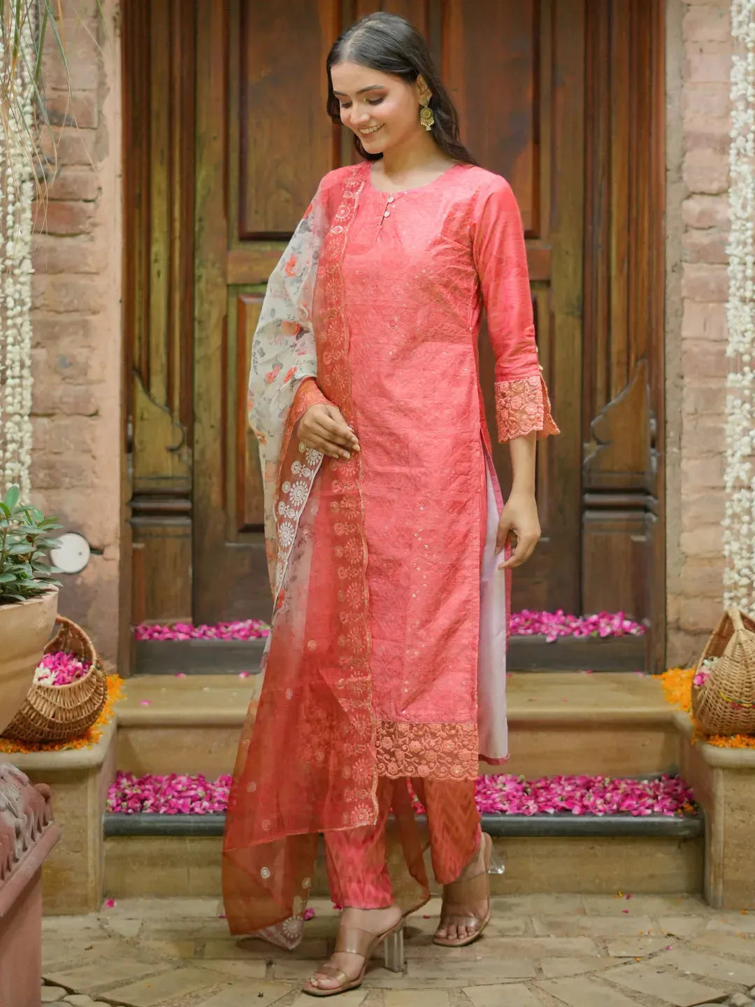 Anouk Peach Embroidered Silk Blend Straight Suit With Dupatta