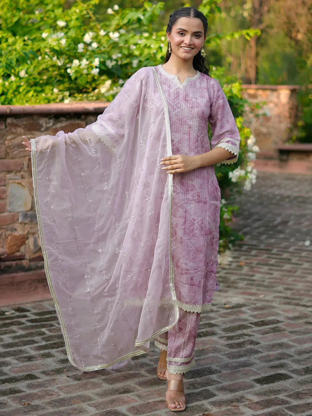 Anouk Purple Printed Cotton Straight Suit With Dupatta