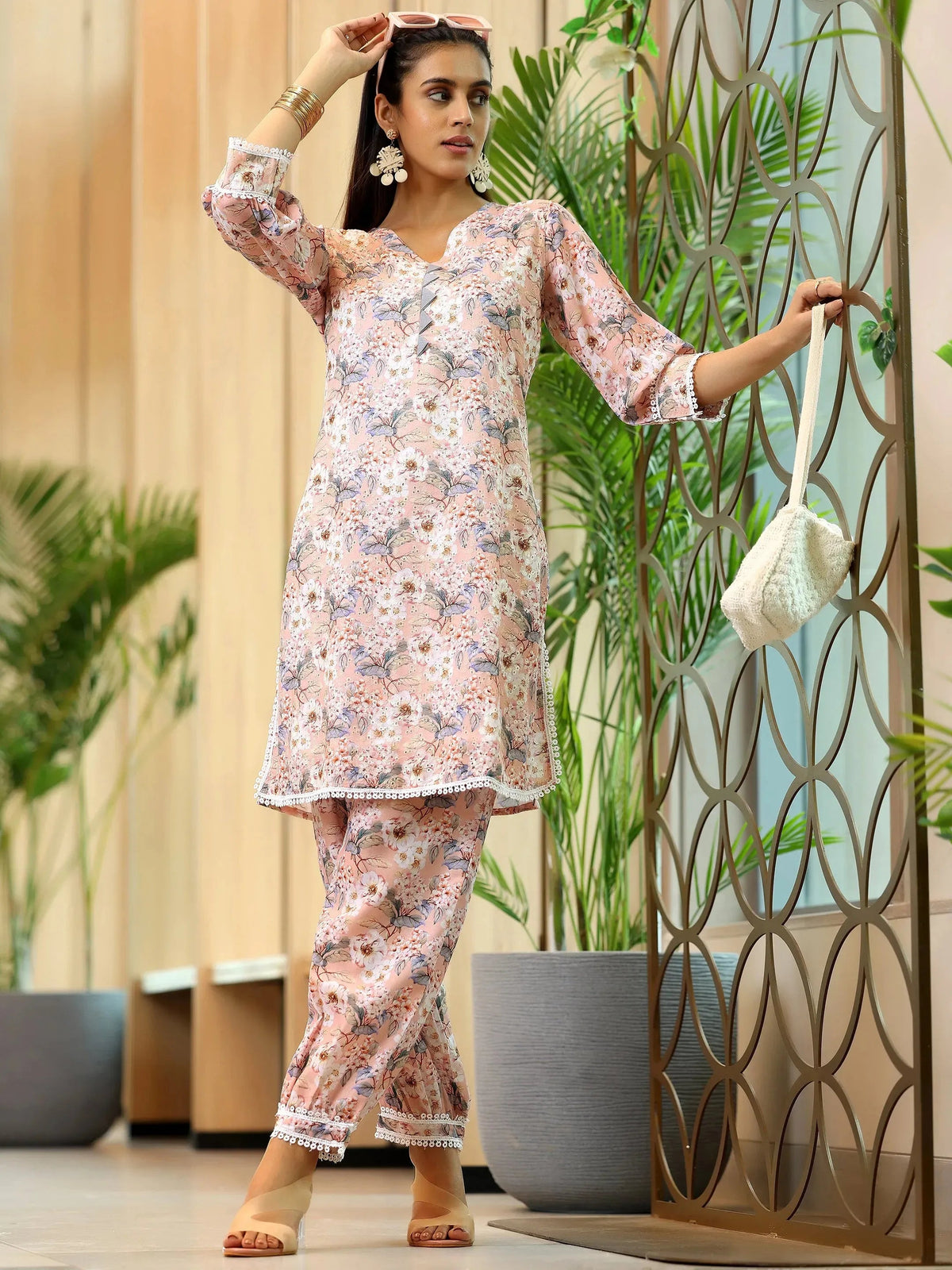 Anouk Peach Printed Cotton Straight Kurta Set