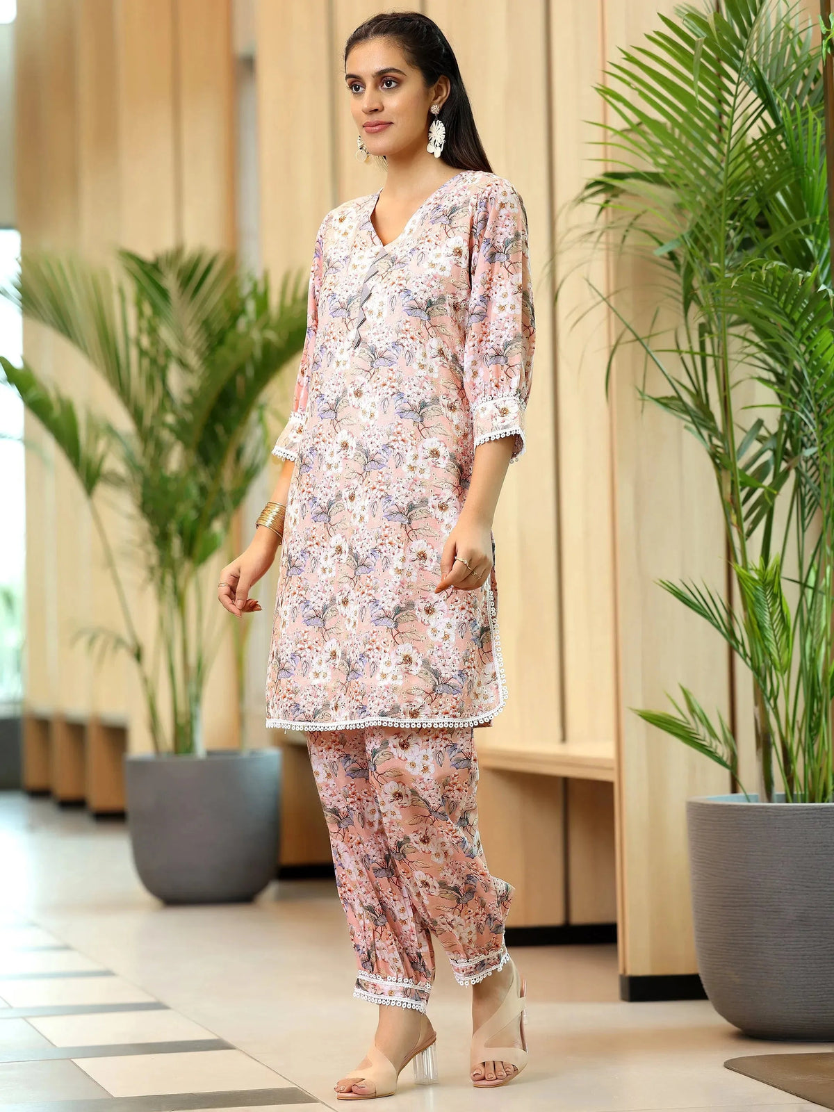 Anouk Peach Printed Cotton Straight Kurta Set