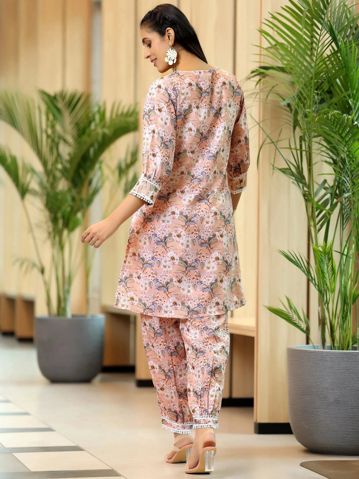 Anouk Peach Printed Cotton Straight Kurta Set