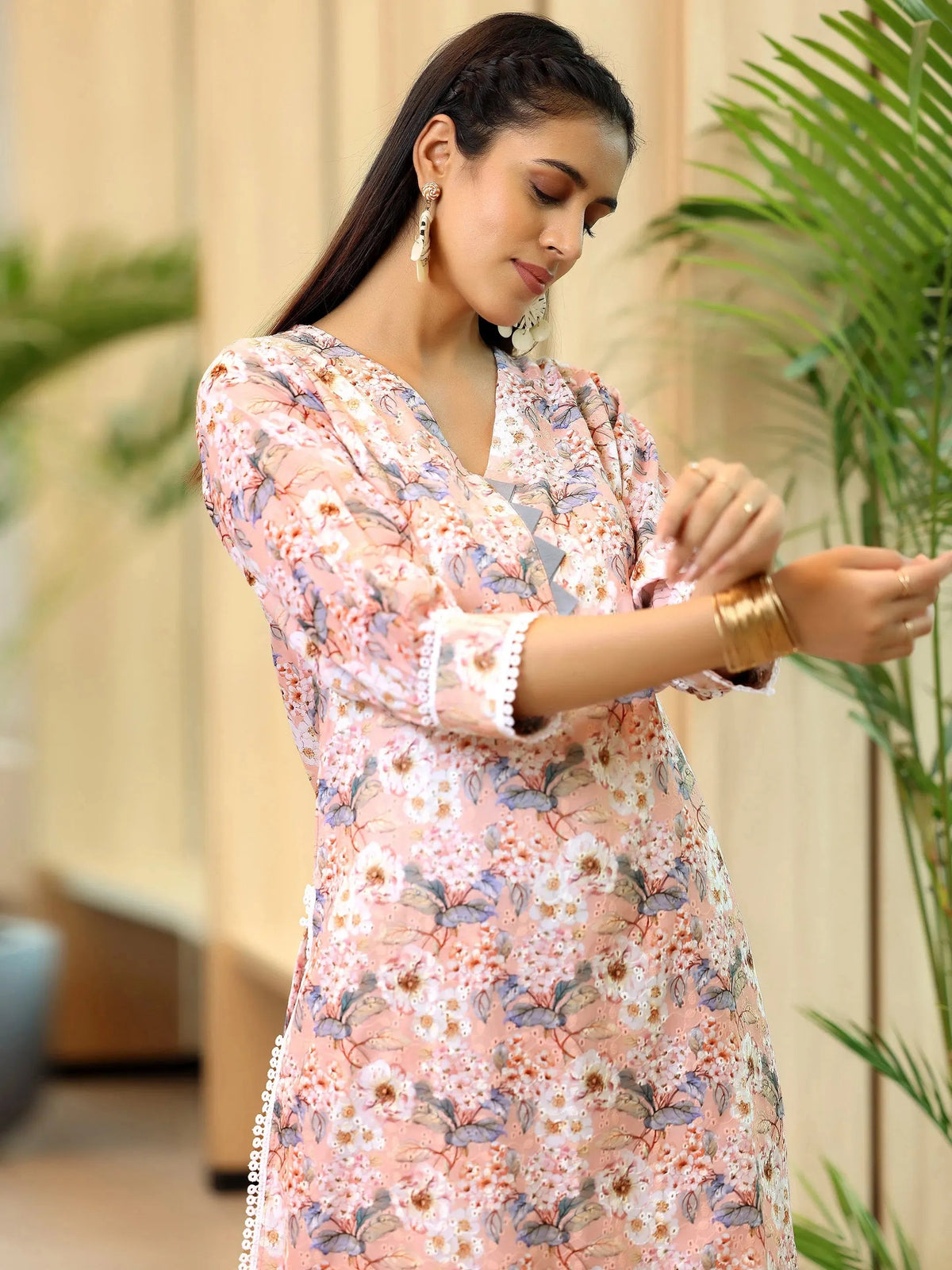 Anouk Peach Printed Cotton Straight Kurta Set