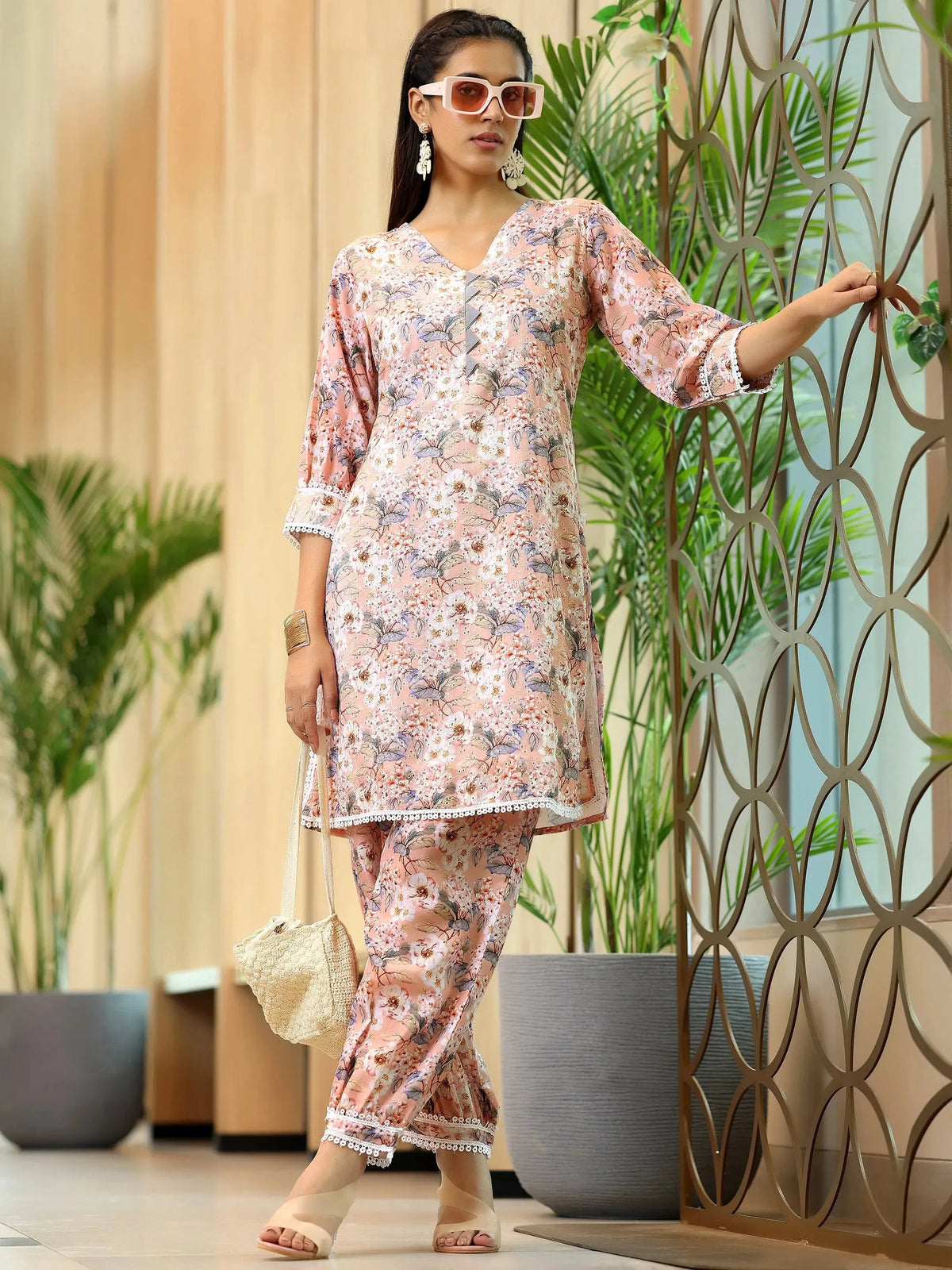 Anouk Peach Printed Cotton Straight Kurta Set