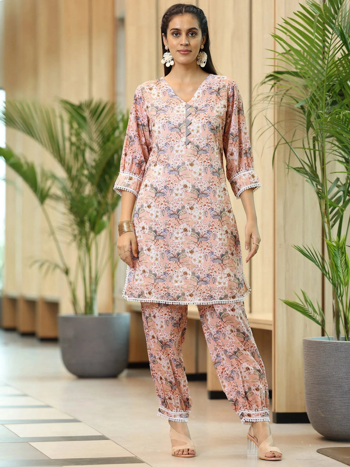 Anouk Peach Printed Cotton Straight Kurta Set