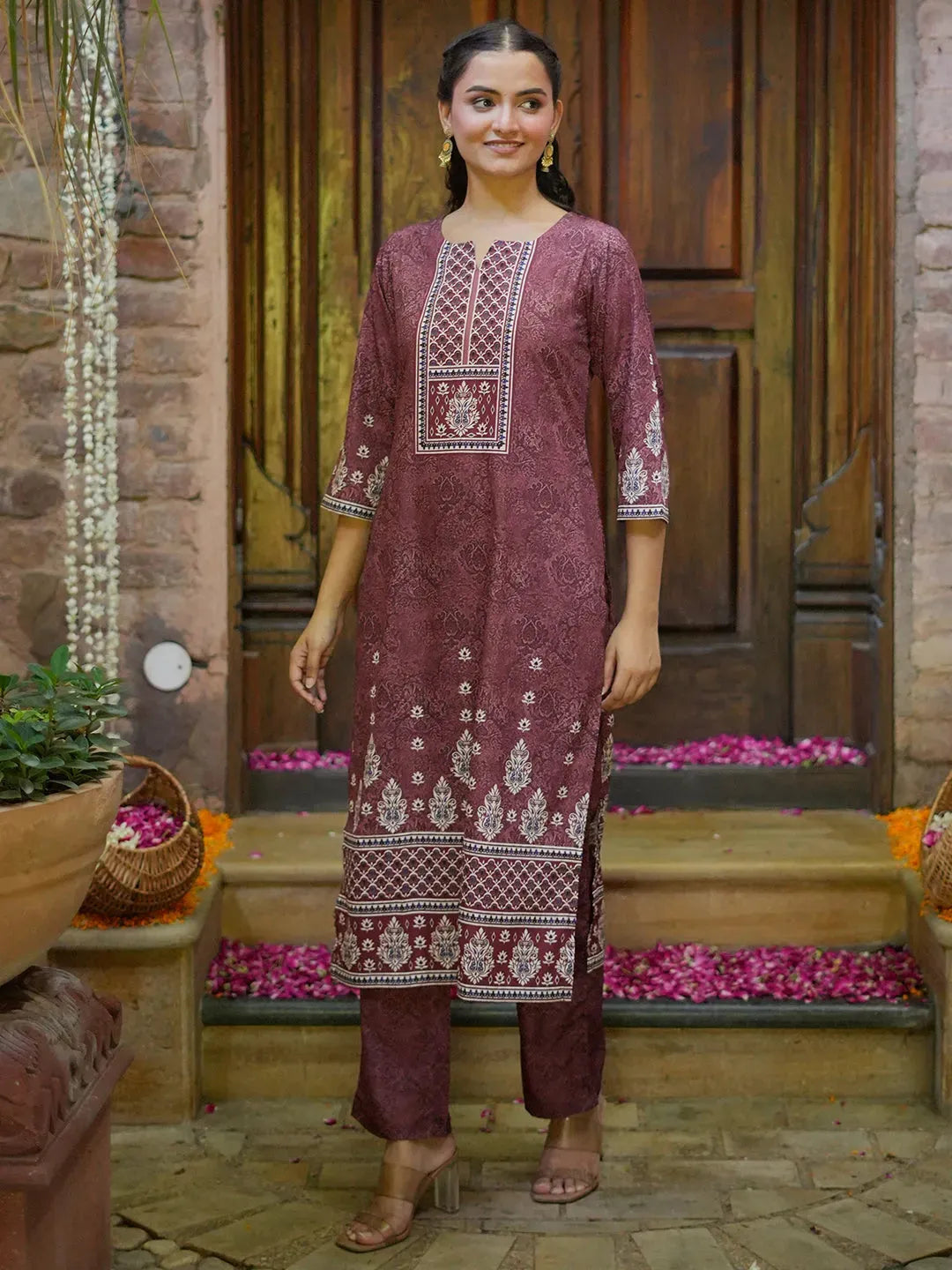 Anouk Brown Printed Poly Crepe Straight Kurta With Trousers