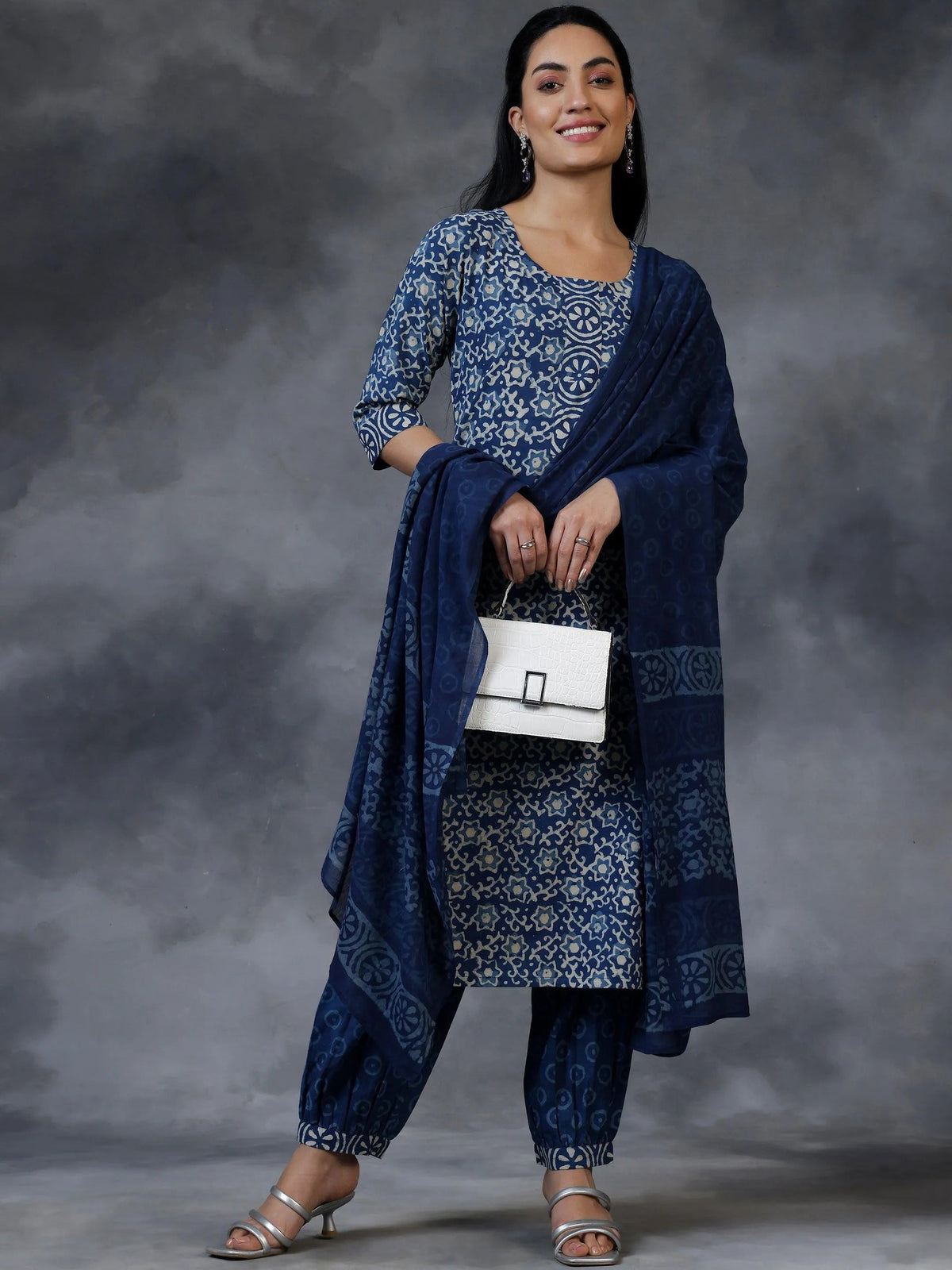 Anouk Blue Printed Cotton Straight Suit With Dupatta