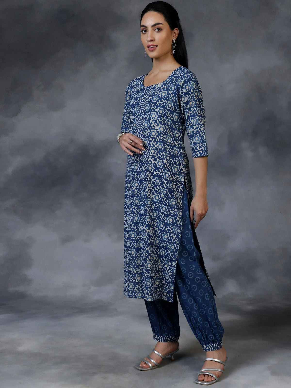 Anouk Blue Printed Cotton Straight Suit With Dupatta