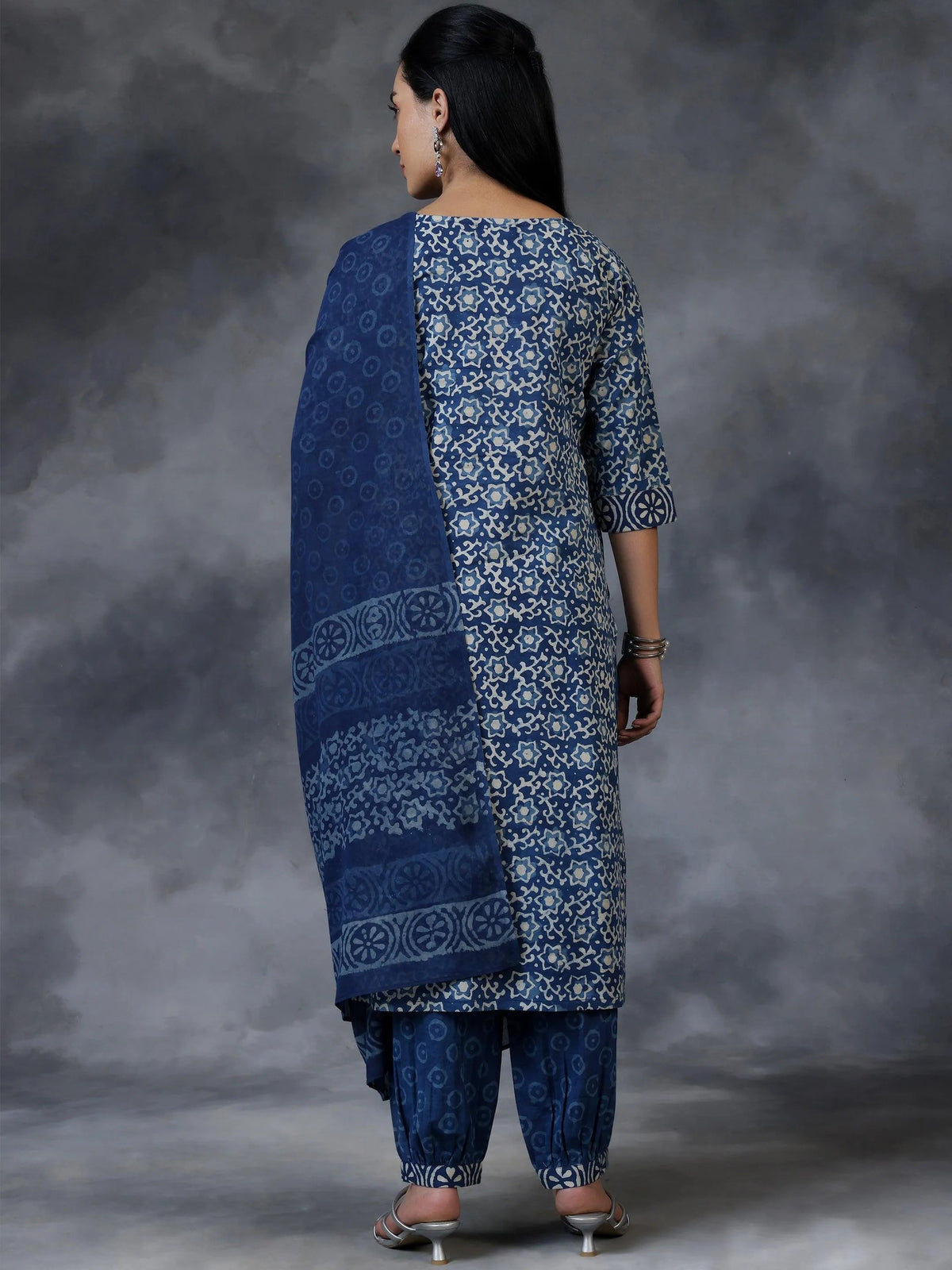 Anouk Blue Printed Cotton Straight Suit With Dupatta