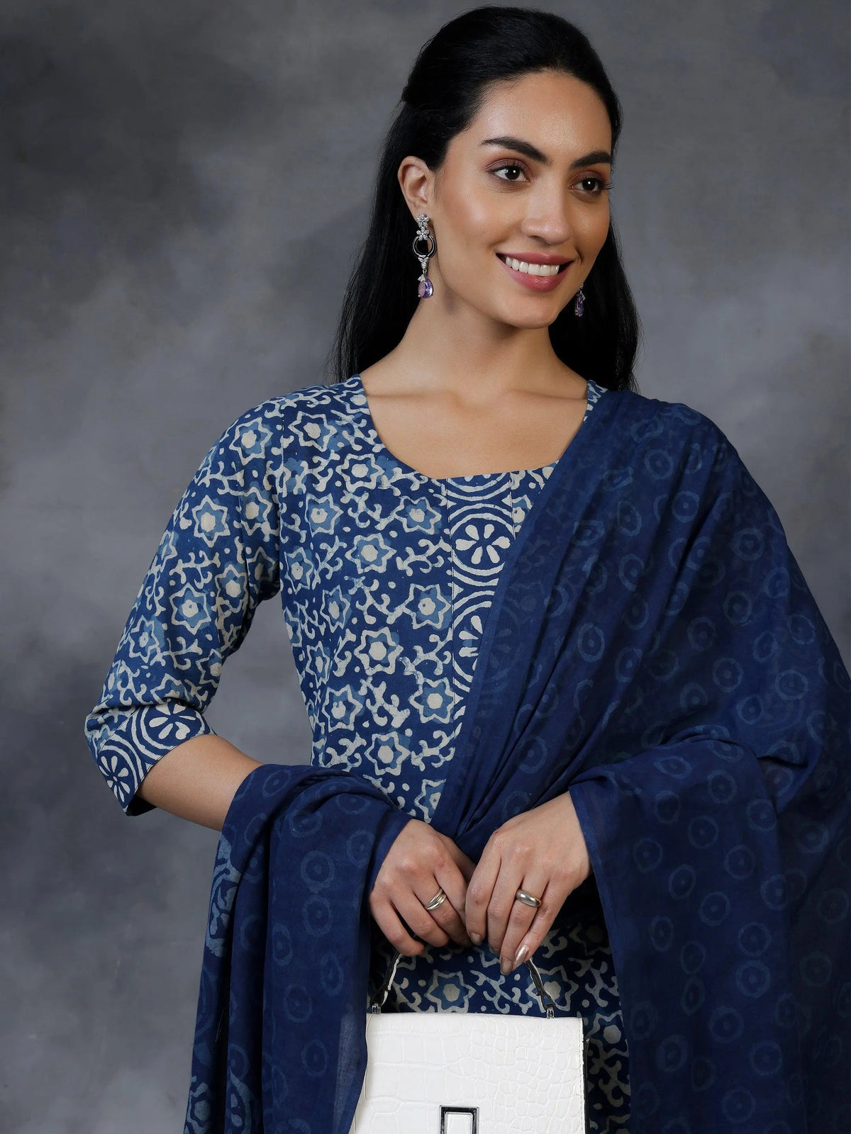 Anouk Blue Printed Cotton Straight Suit With Dupatta