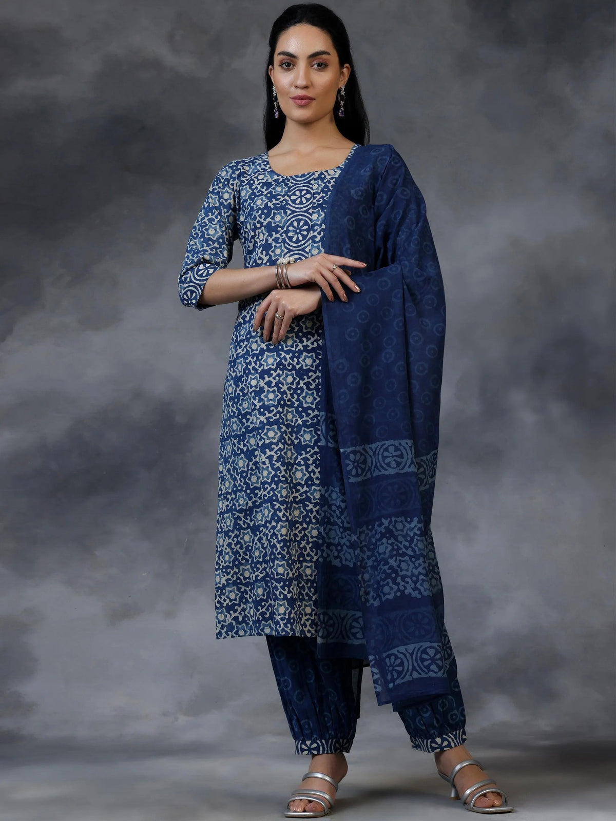 Anouk Blue Printed Cotton Straight Suit With Dupatta