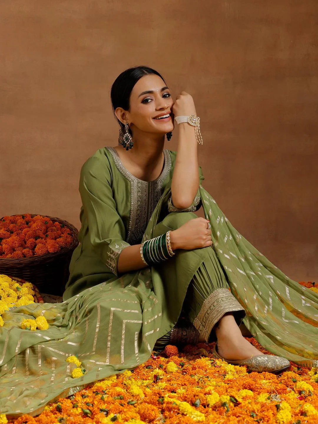 Anouk Green Yoke Design Silk Blend Straight Suit With Dupatta
