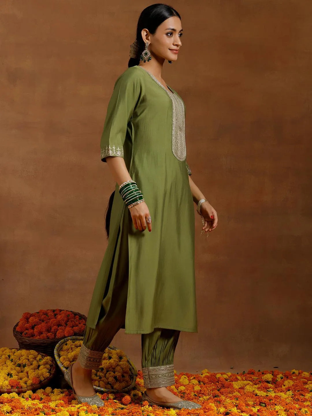 Anouk Green Yoke Design Silk Blend Straight Suit With Dupatta
