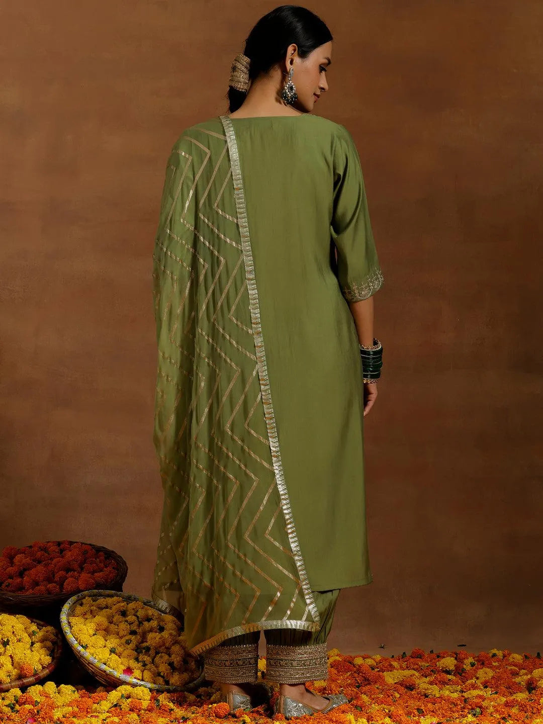 Anouk Green Yoke Design Silk Blend Straight Suit With Dupatta