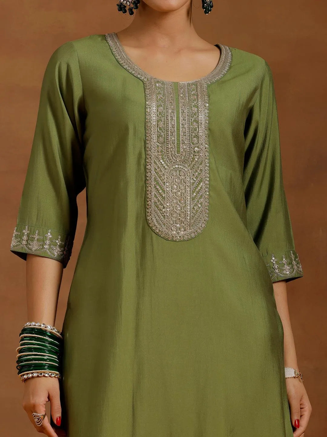 Anouk Green Yoke Design Silk Blend Straight Suit With Dupatta