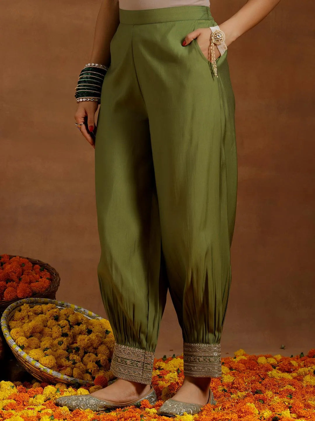 Anouk Green Yoke Design Silk Blend Straight Suit With Dupatta