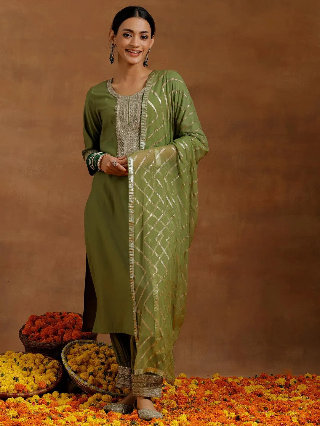 Anouk Green Yoke Design Silk Blend Straight Suit With Dupatta