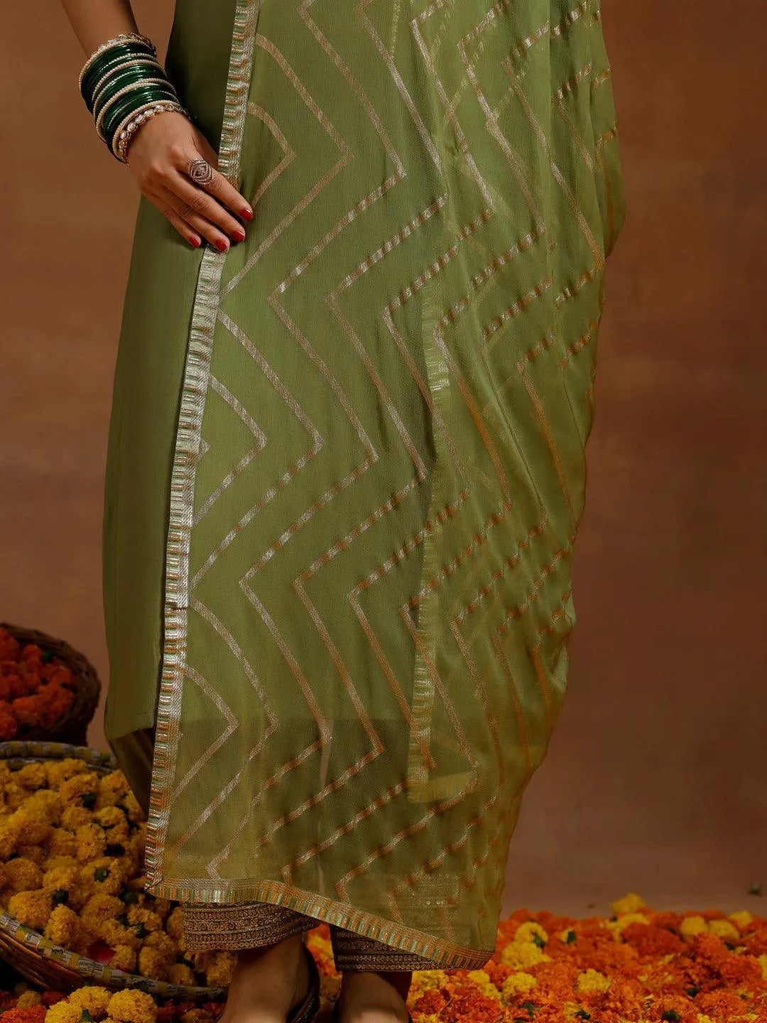 Anouk Green Yoke Design Silk Blend Straight Suit With Dupatta