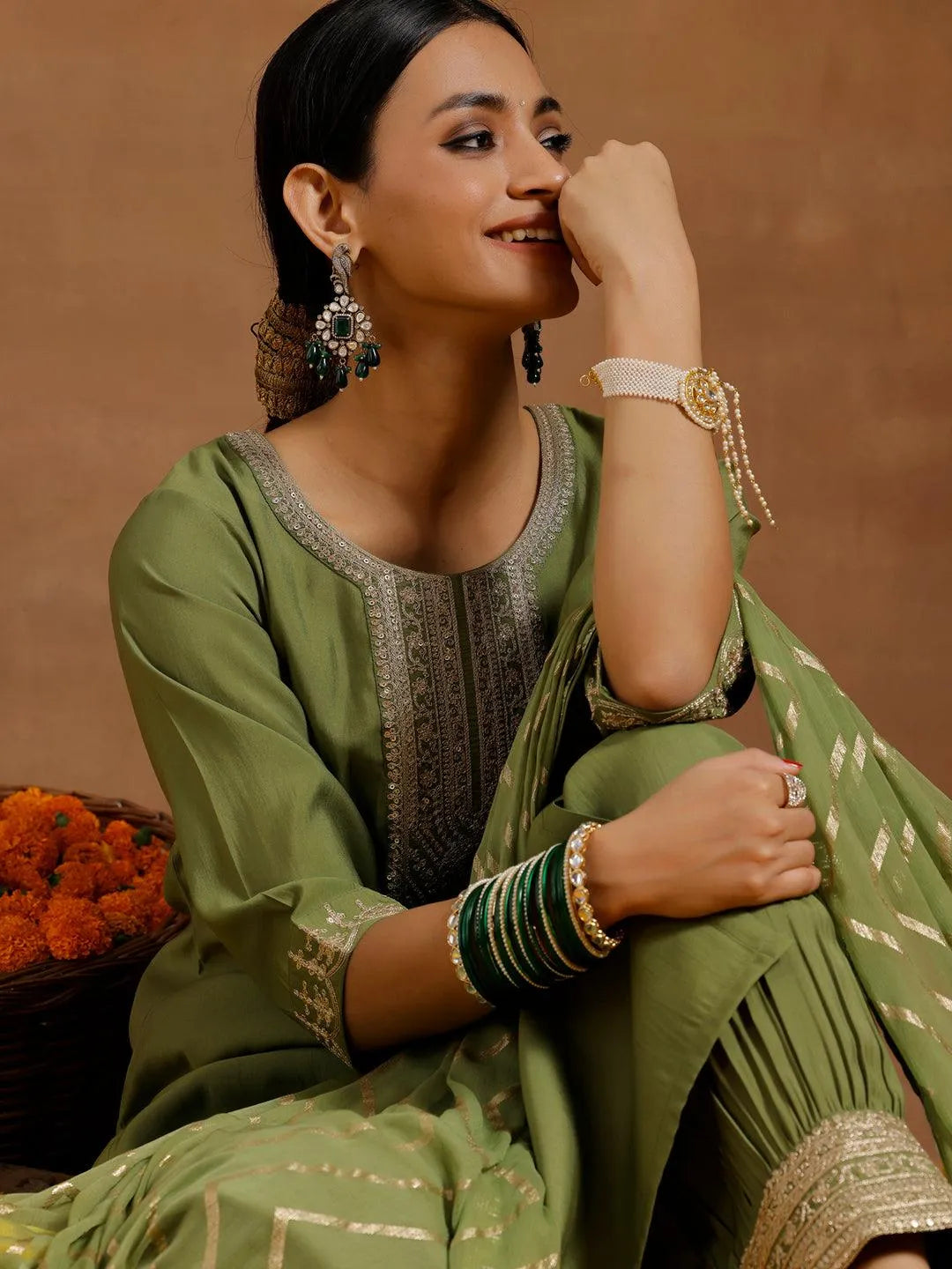 Anouk Green Yoke Design Silk Blend Straight Suit With Dupatta