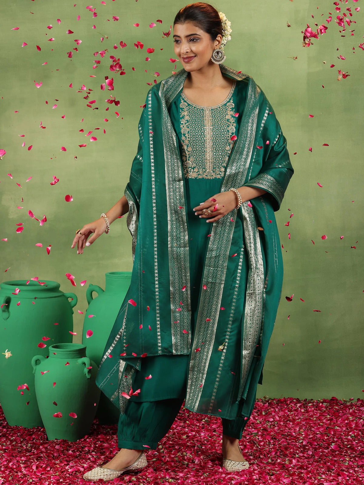Anouk Green Yoke Design Silk Blend Straight Suit With Dupatta