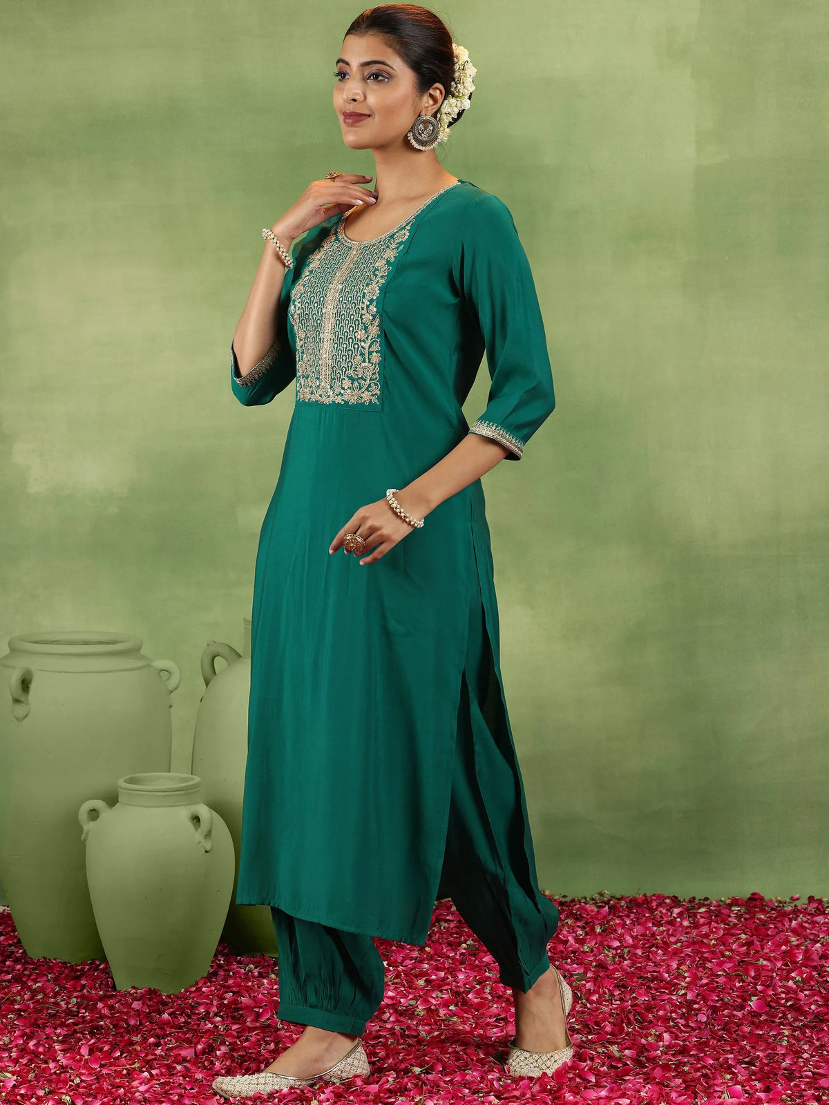 Anouk Green Yoke Design Silk Blend Straight Suit With Dupatta