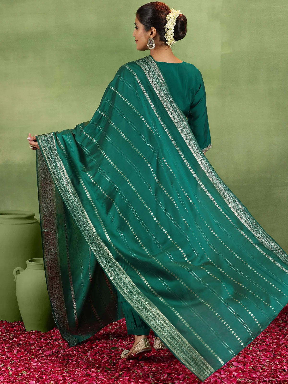 Anouk Green Yoke Design Silk Blend Straight Suit With Dupatta