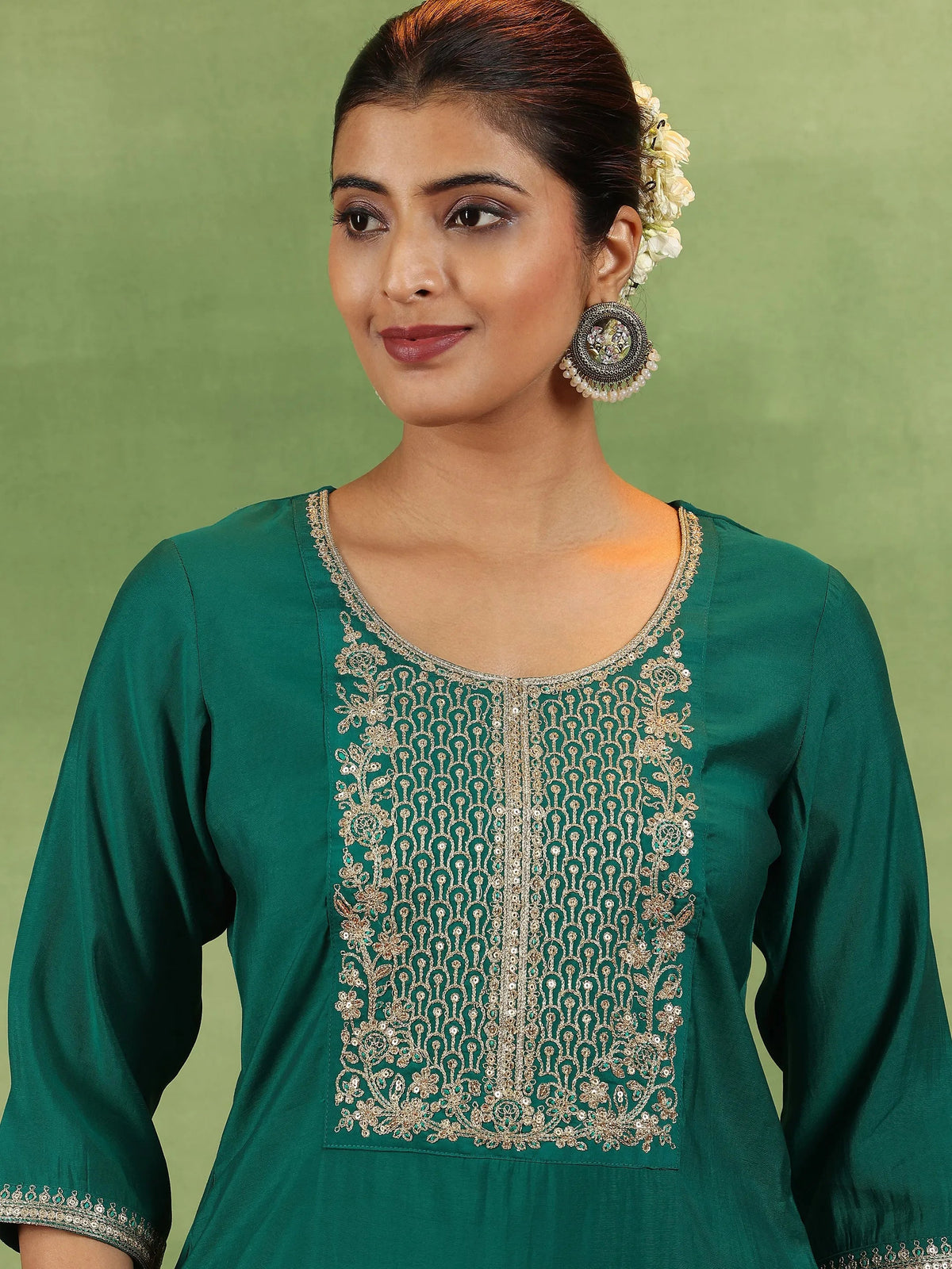 Anouk Green Yoke Design Silk Blend Straight Suit With Dupatta