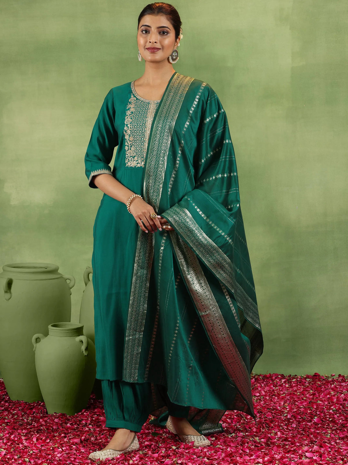 Anouk Green Yoke Design Silk Blend Straight Suit With Dupatta