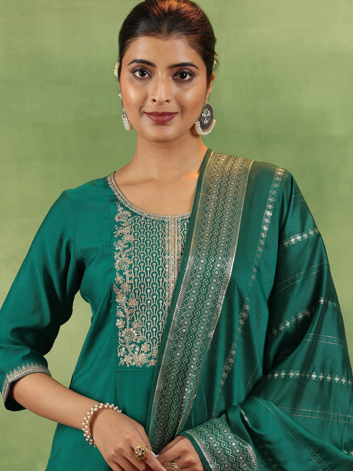 Anouk Green Yoke Design Silk Blend Straight Suit With Dupatta