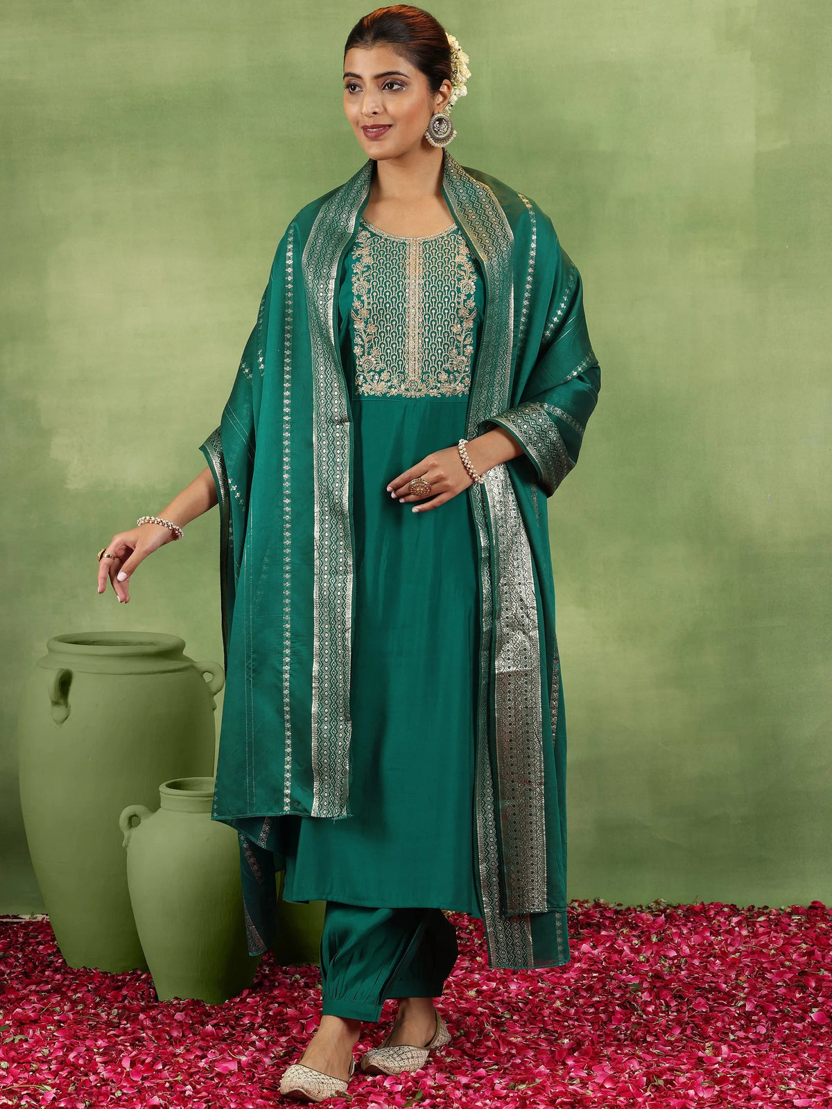 Anouk Green Yoke Design Silk Blend Straight Suit With Dupatta