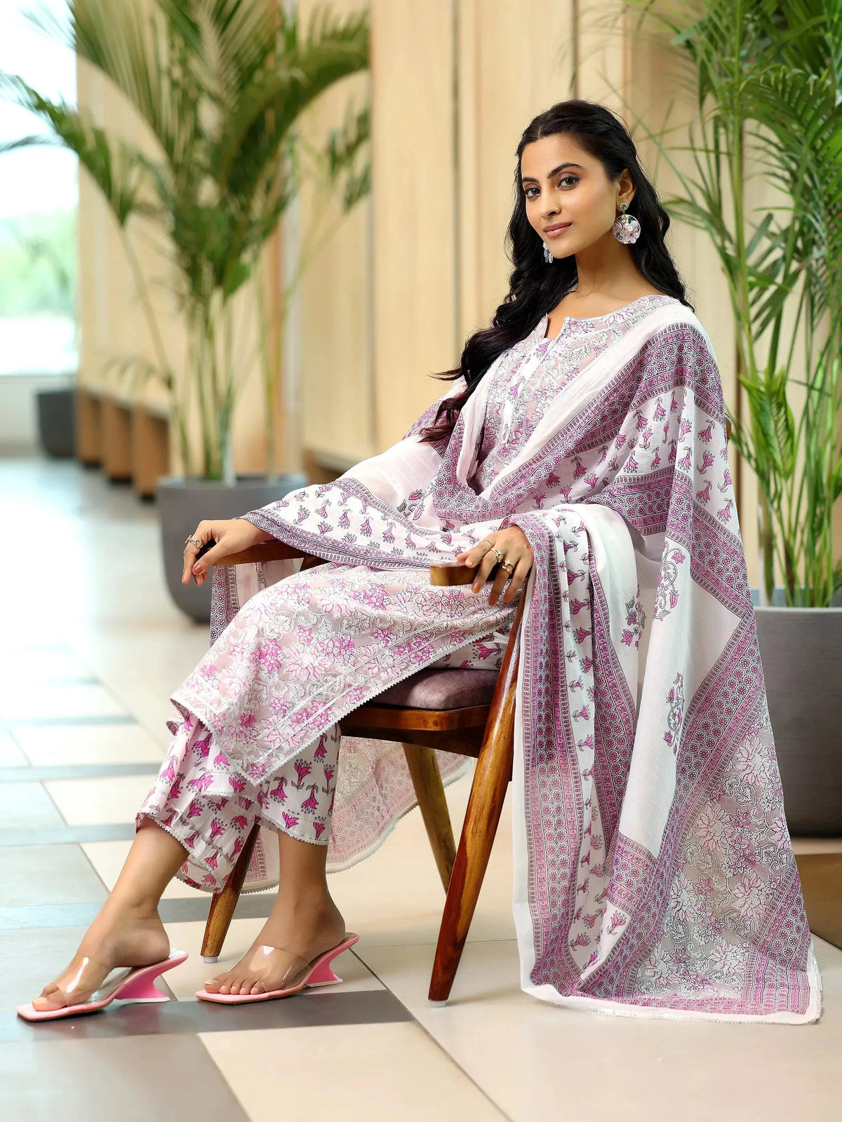 Anouk Pink Printed Cotton Straight Suit With Dupatta