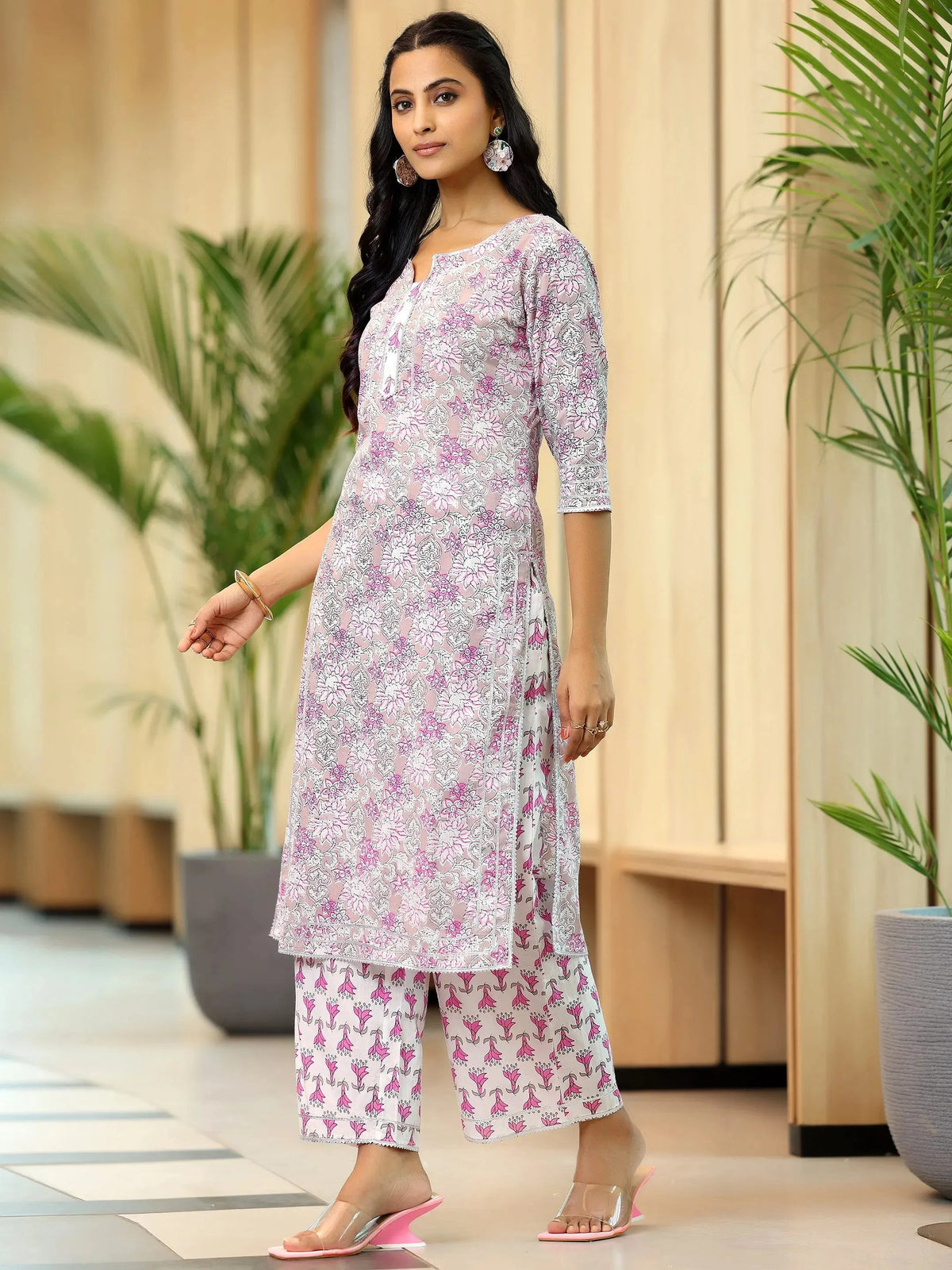 Anouk Pink Printed Cotton Straight Suit With Dupatta