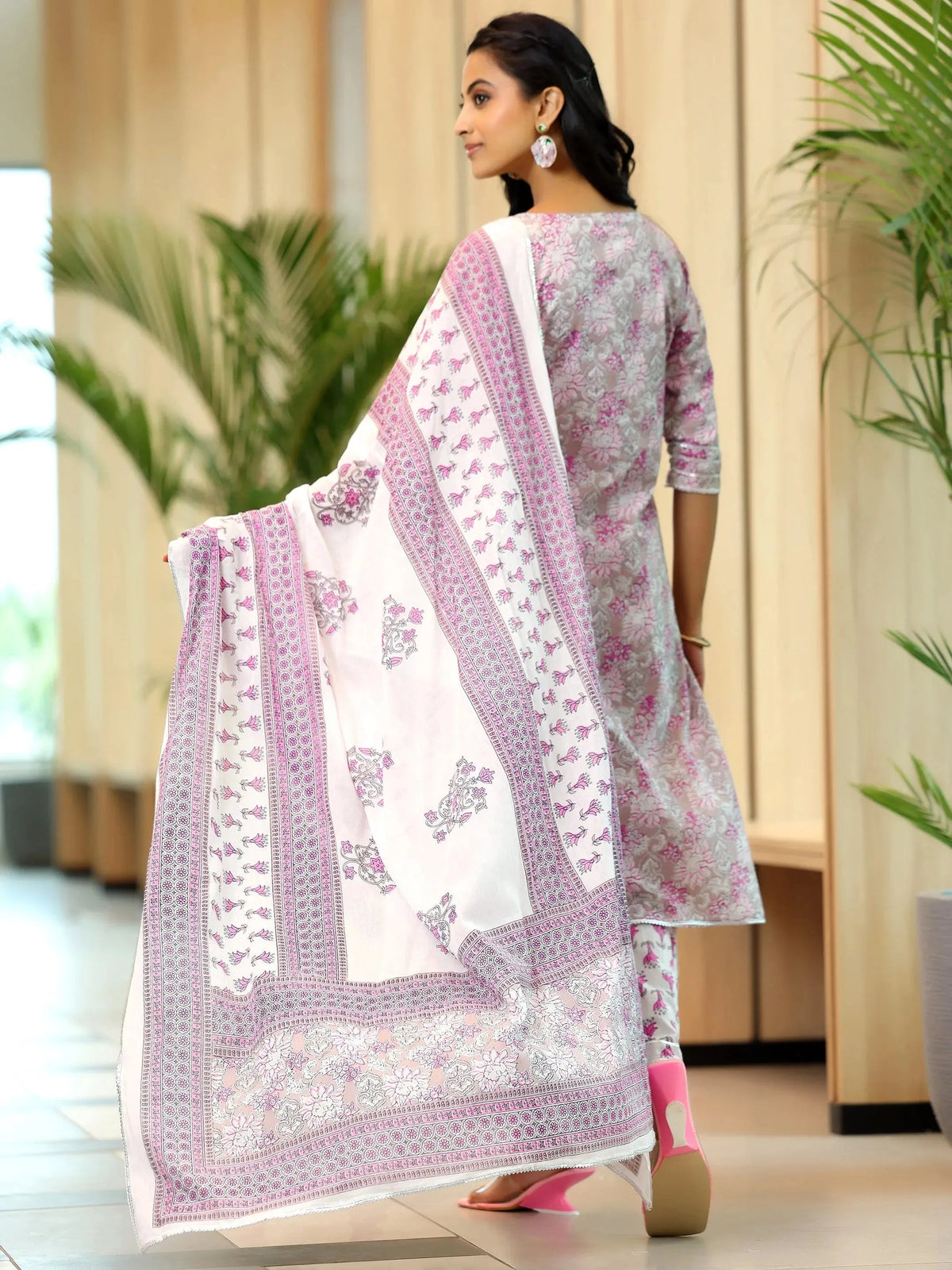 Anouk Pink Printed Cotton Straight Suit With Dupatta