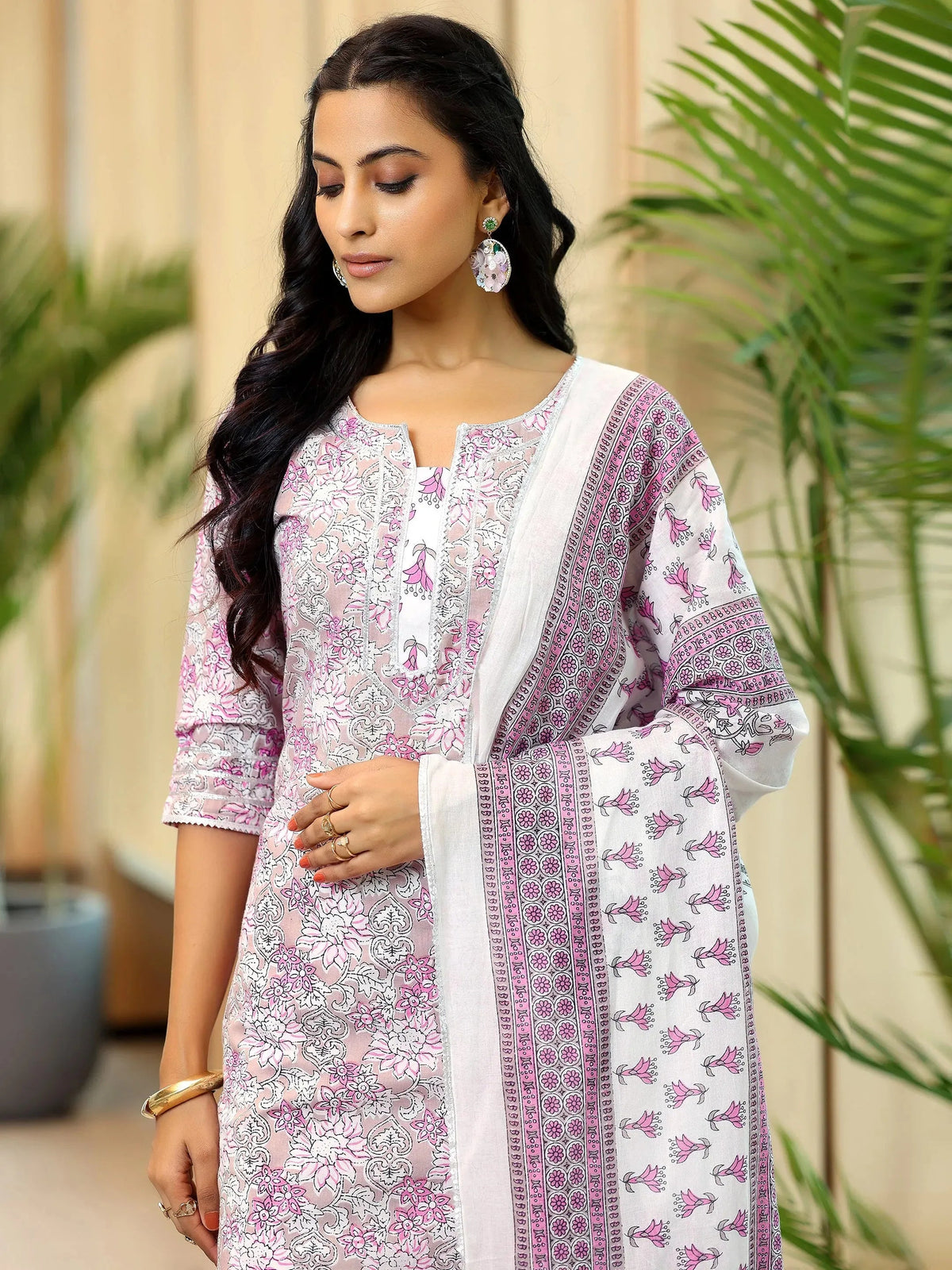 Anouk Pink Printed Cotton Straight Suit With Dupatta