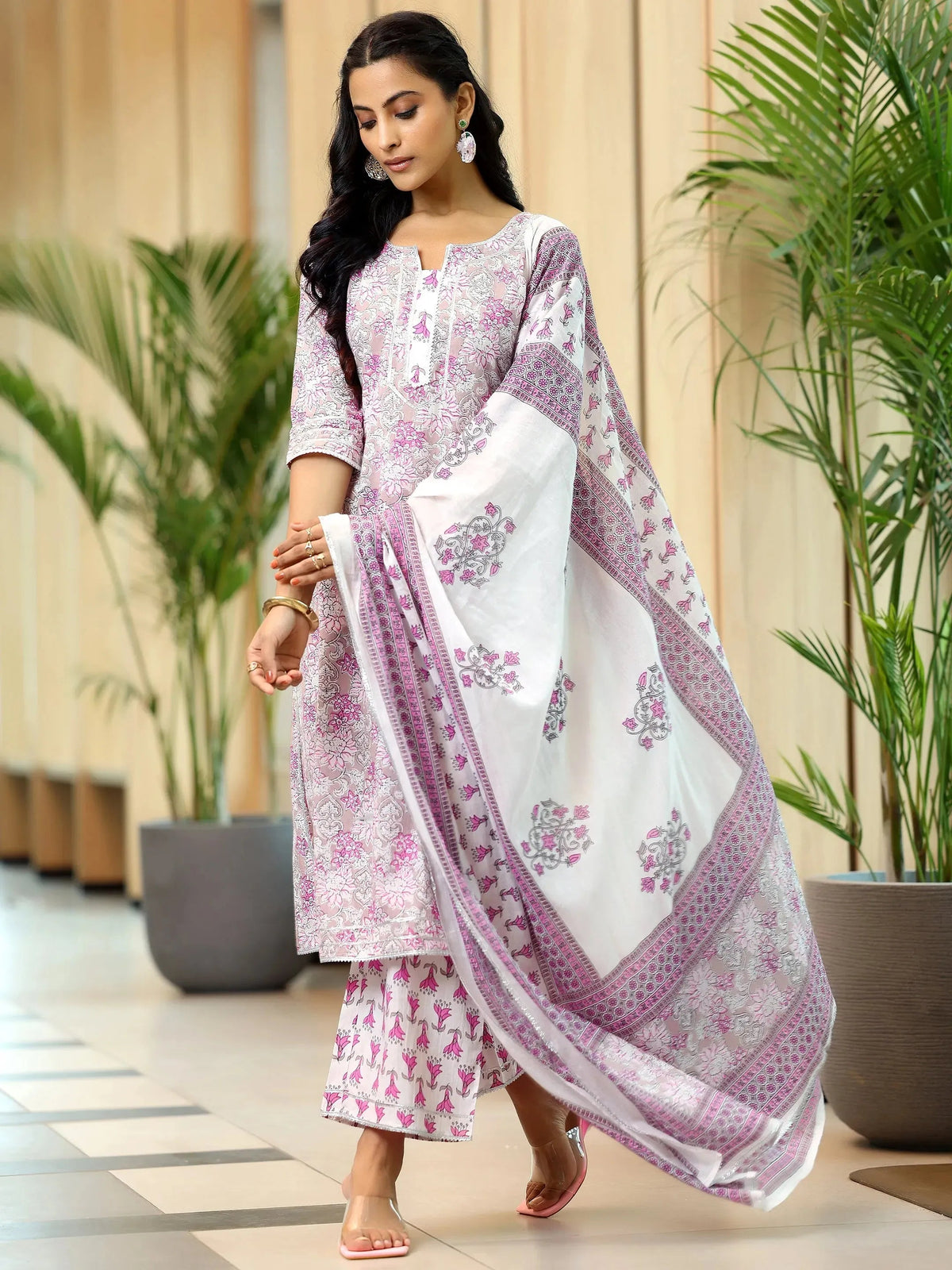 Anouk Pink Printed Cotton Straight Suit With Dupatta