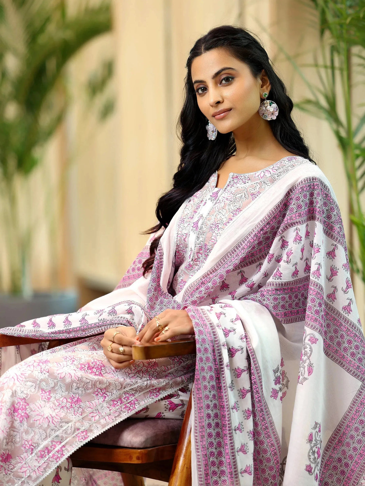Anouk Pink Printed Cotton Straight Suit With Dupatta
