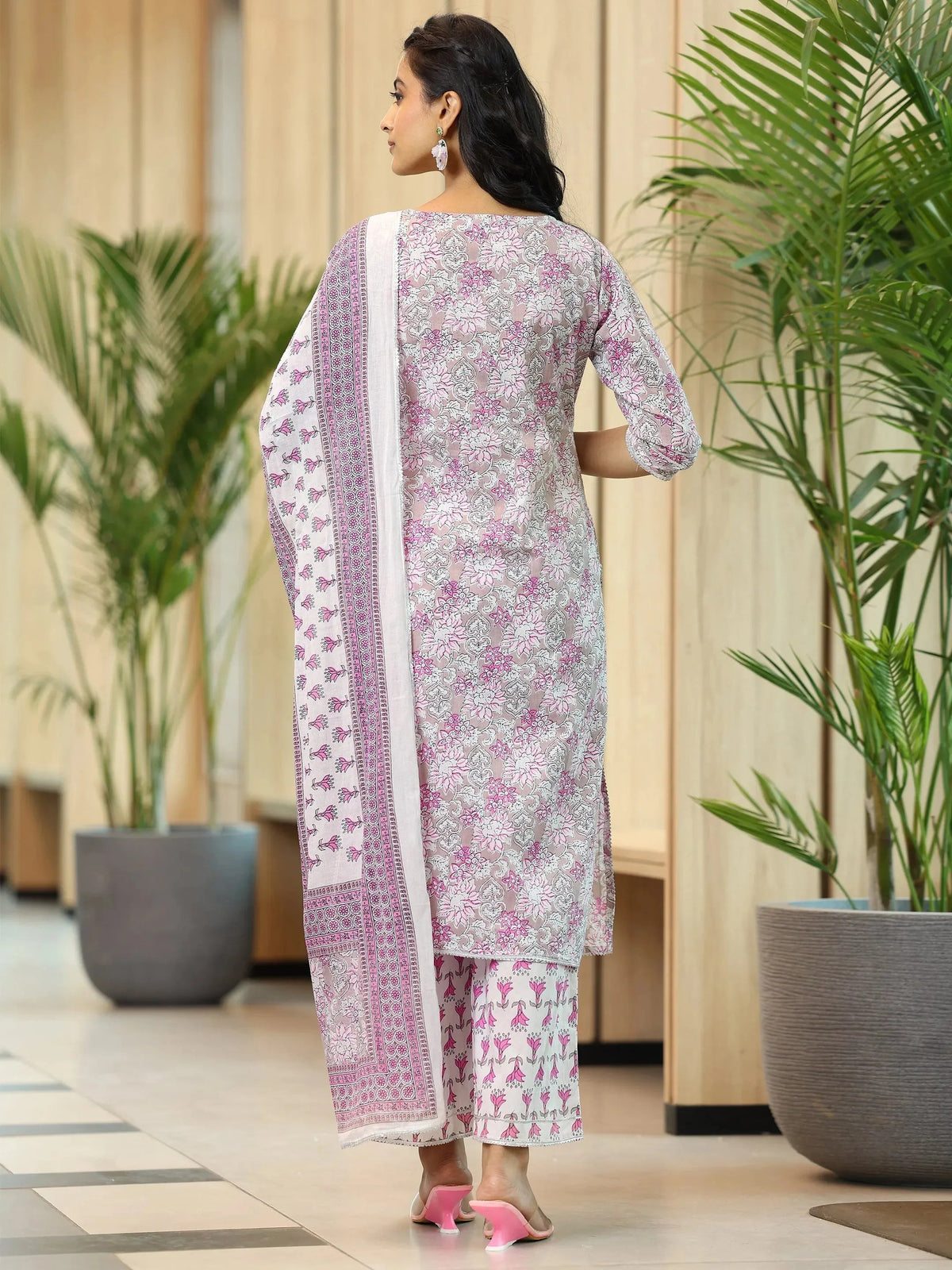 Anouk Pink Printed Cotton Straight Suit With Dupatta